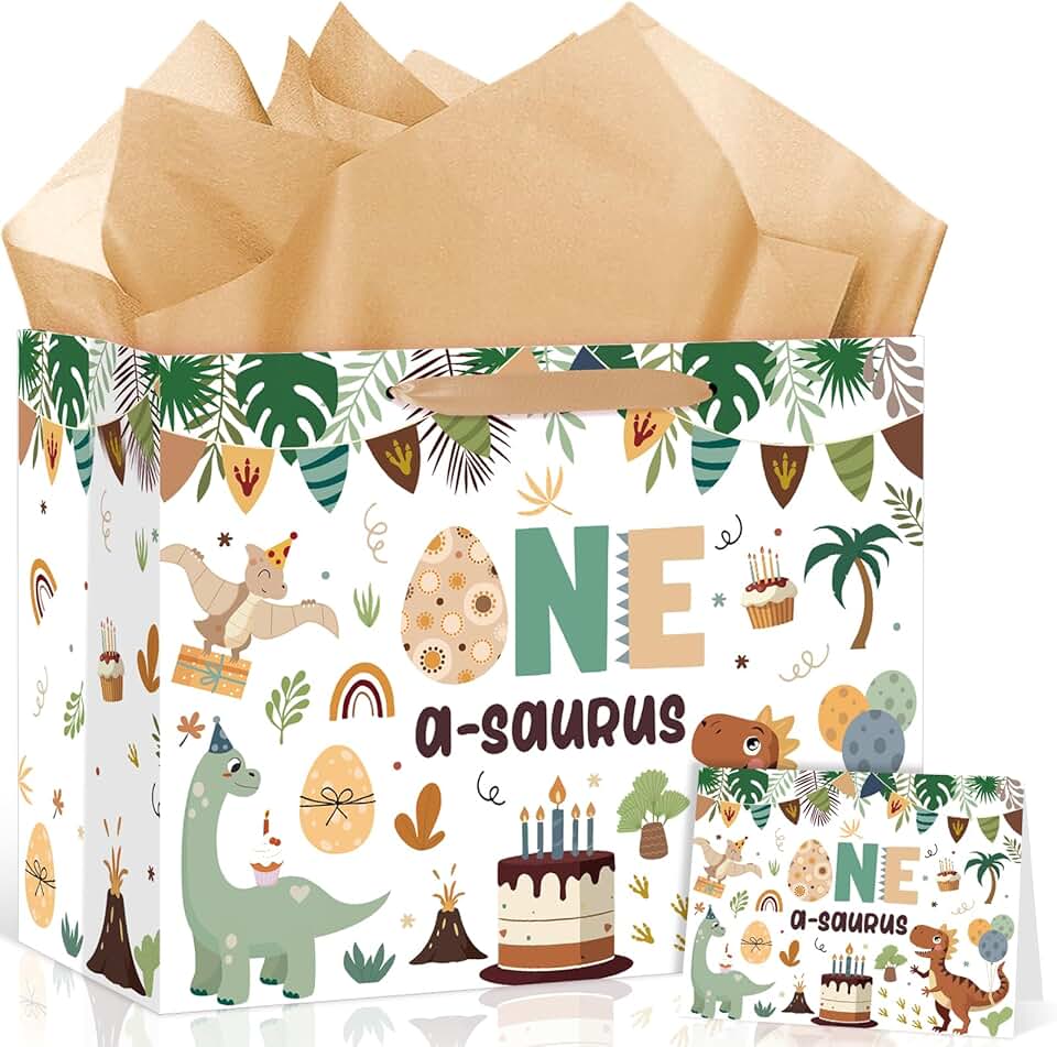 Large Dinosaur First Birthday Gift Bag with Card and Tissue