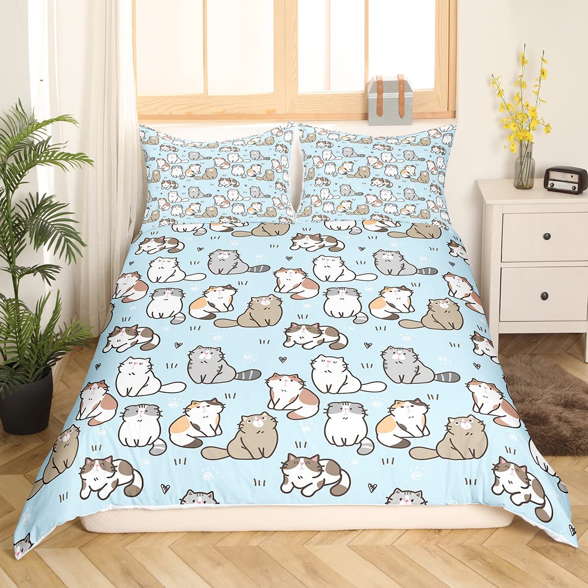 Cat Bed Sets Queen, K aii Garfield Persian Cat Bedding Set for Kids Boys Girls, P Print Love Heart Duvet Cover, Cartoon Animals Soft Comforter Cover 3 Pieces, Blue