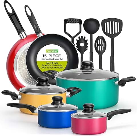 15-Piece Colorful Cookware Set with Pots, Pans, and Utensils