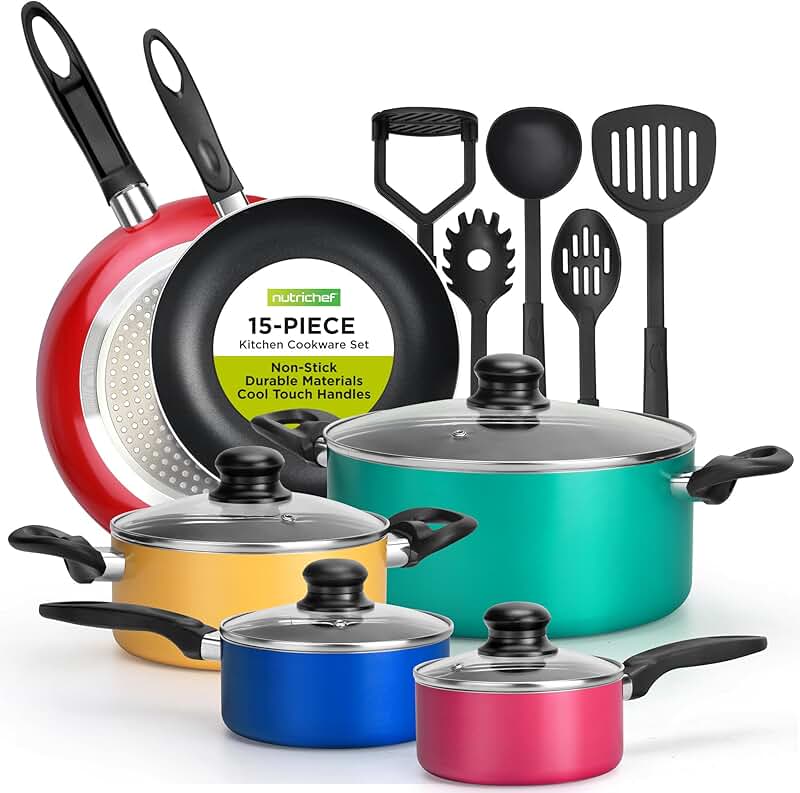 15-Piece Colorful Cookware Set with Pots, Pans, and Utensils