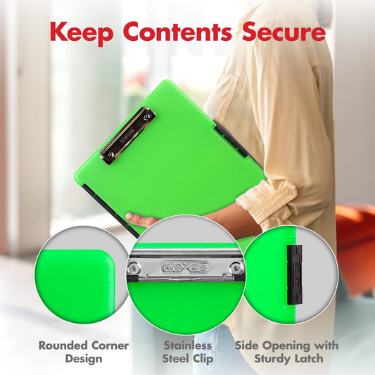 Neon Green Plastic Clipboard with Storage and Side Opening