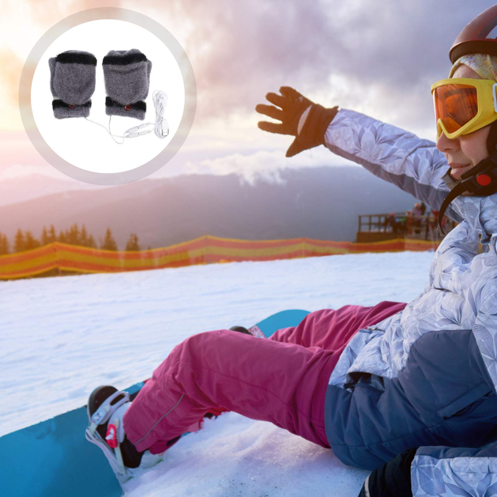 1 Pair USB Heated Gloves Winter Warm Laptop Gloves Half Hands Heated Fingerless Heating Knitting Hands Warmer for Home Office School Grey