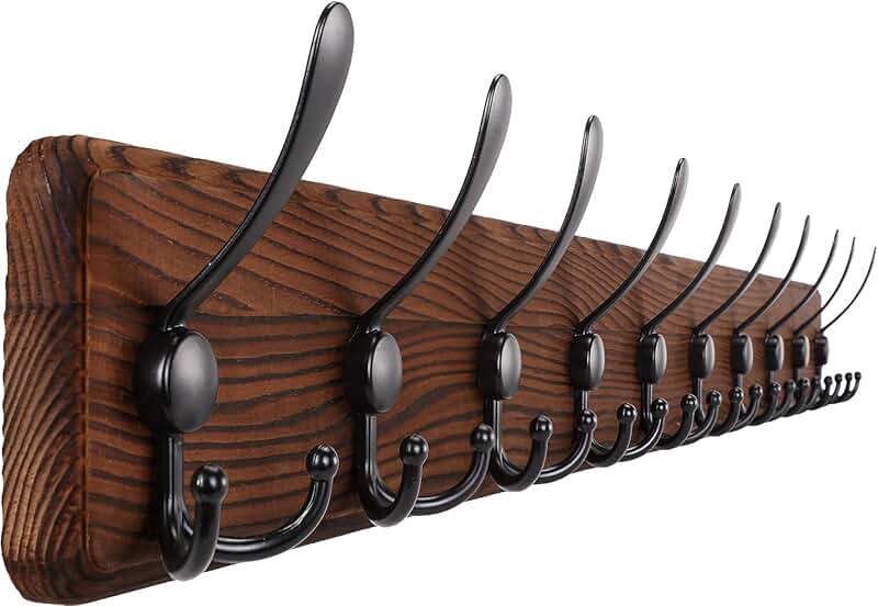 Large Rustic Wall-Mounted Coat Rack with 10 Hooks