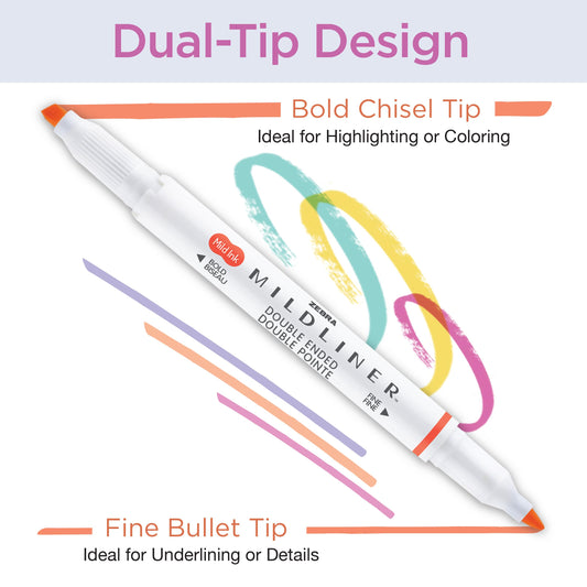 Dual-Tip Fluorescent Highlighter Set, 5-Pack