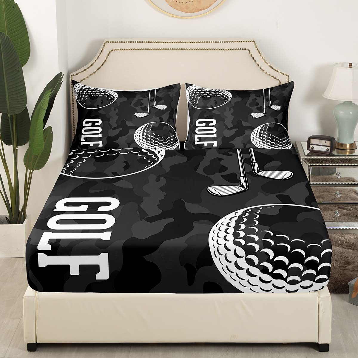 Golf Print Bed Sheets Black Camo Sheet Set Full Kids Boys Teens Camouflage Sheets Sports Themed Flat Sheet,Golf Balls Gaming Bedding Sheets  Pillowcases 4 Piece Soft Microfiber Bedding