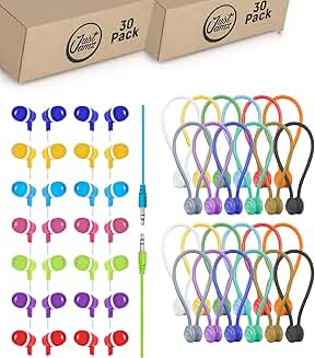 60 Pack Colorful Wired Earbuds and Magnetic Cable Ties