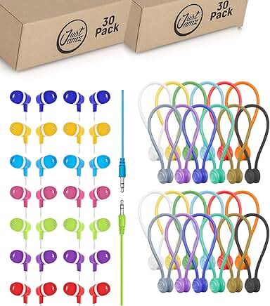 60 Pack Colorful Wired Earbuds and Magnetic Cable Ties
