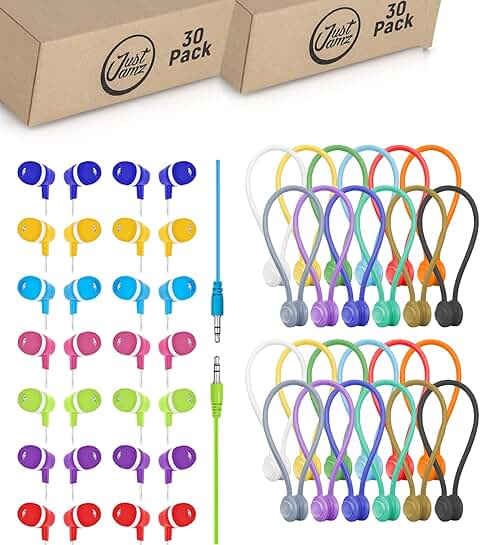 60 Pack Colorful Wired Earbuds and Magnetic Cable Ties