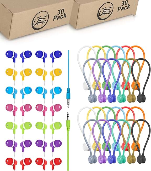 60 Pack Colorful Wired Earbuds and Magnetic Cable Ties