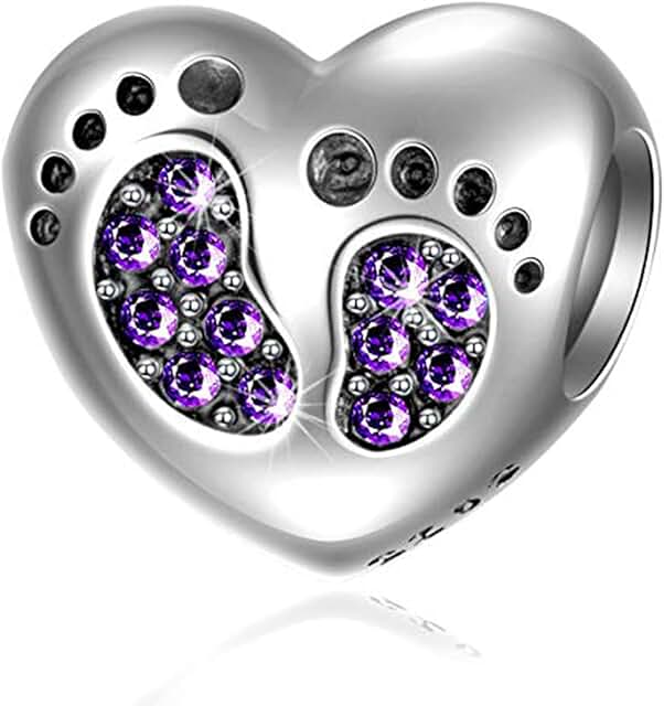 Baby Footprints Charm Bracelet with Heart Birthstone