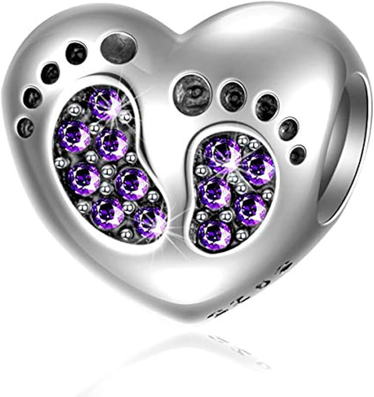 Baby Footprints Charm Bracelet with Heart Birthstone