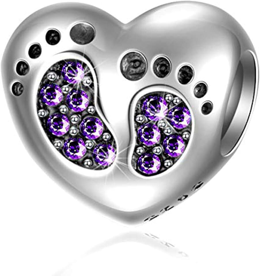 Baby Footprints Charm Bracelet with Heart Birthstone