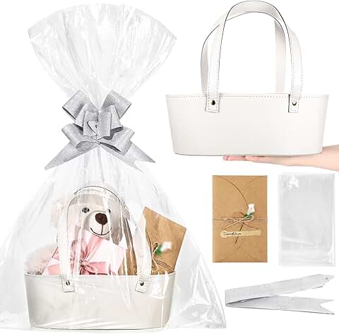 Small white leather gift basket with handle and accessories