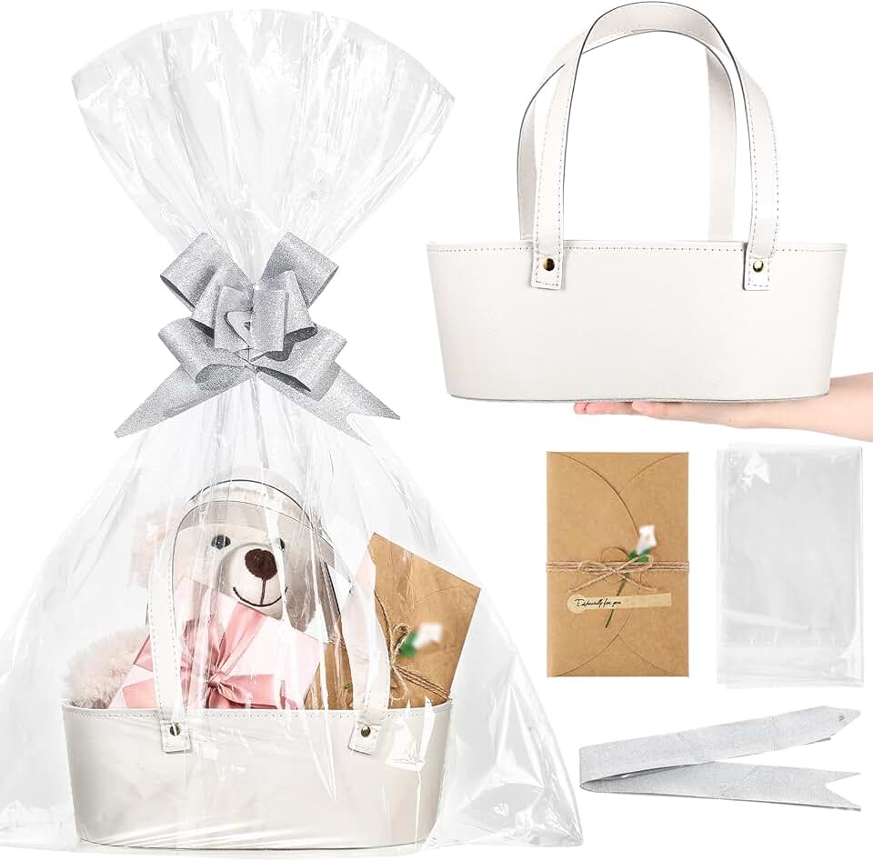 Small white leather gift basket with handle and accessories