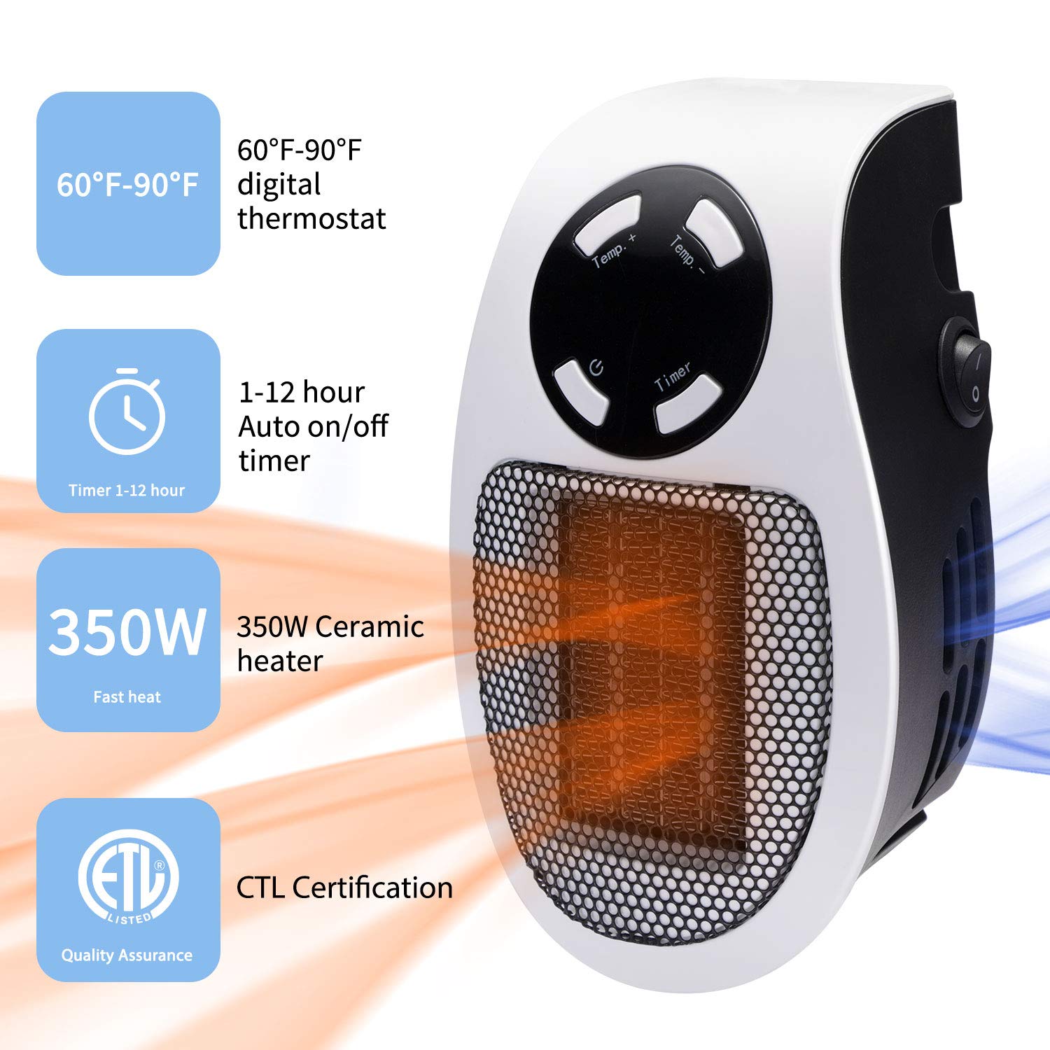 Wall Space Heater 350W Portable Electric Heater with Programmable Adjustable Thermostat, Overheat Protection, Precise LED Display, Ped UL and CSA Certification Safe Heater for Office Dorm Room