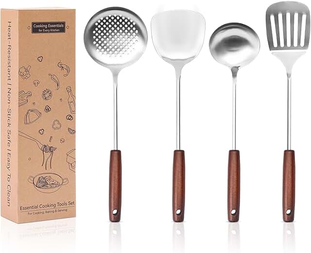 4-Piece Stainless Steel Kitchen Utensil Set with Wooden Handles