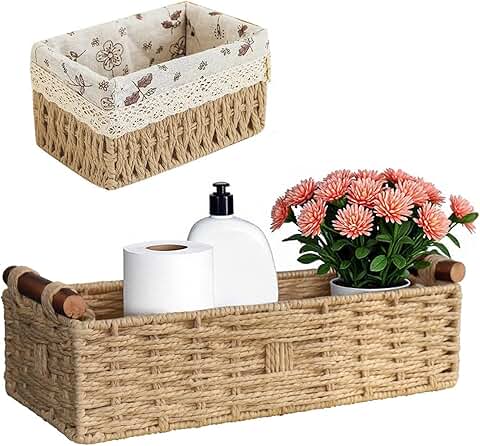 Handwoven Paper Rope Storage Basket with Wooden Handles
