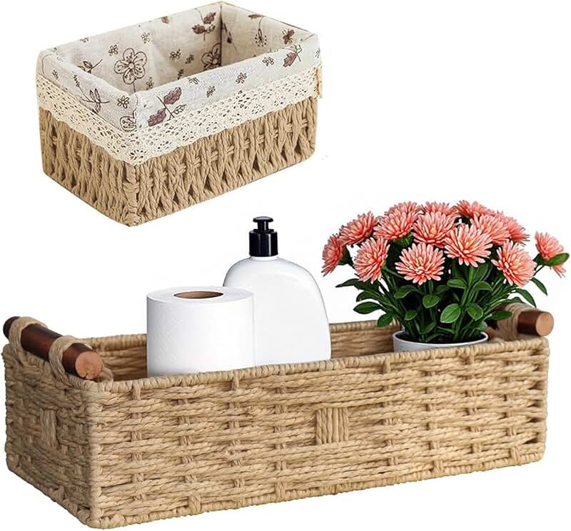 Handwoven Paper Rope Storage Basket with Wooden Handles