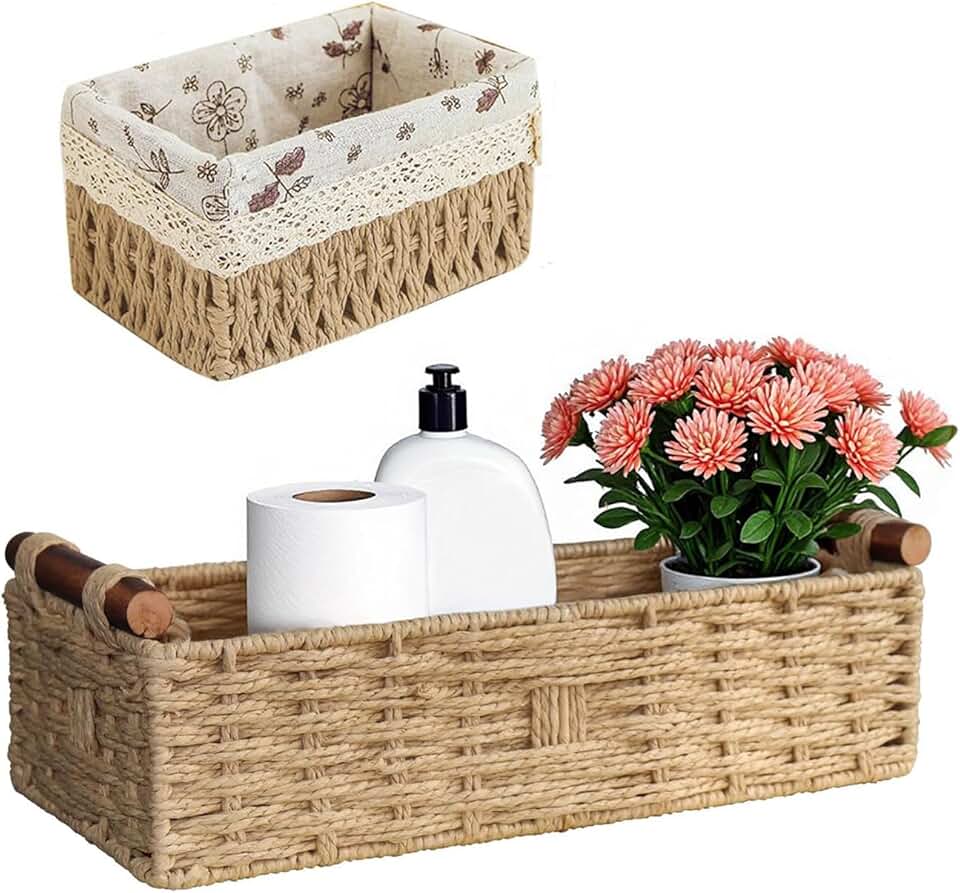Handwoven Paper Rope Storage Basket with Wooden Handles