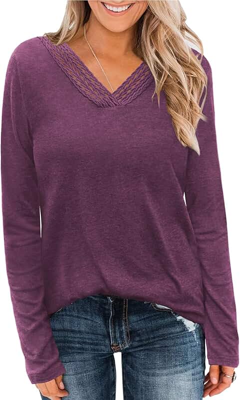 Women's V-Neck Long Sleeve Lace Splice Top