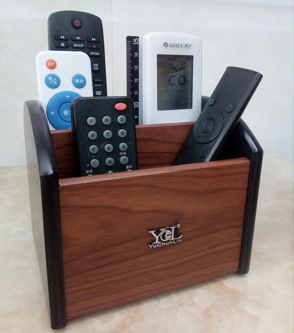 Rotating wooden remote and pen holder for desk