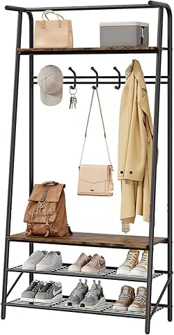 Rustic Brown Coat Rack with Bench and Shoe Storage