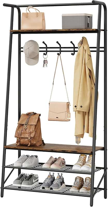 Rustic Brown Coat Rack with Bench and Shoe Storage