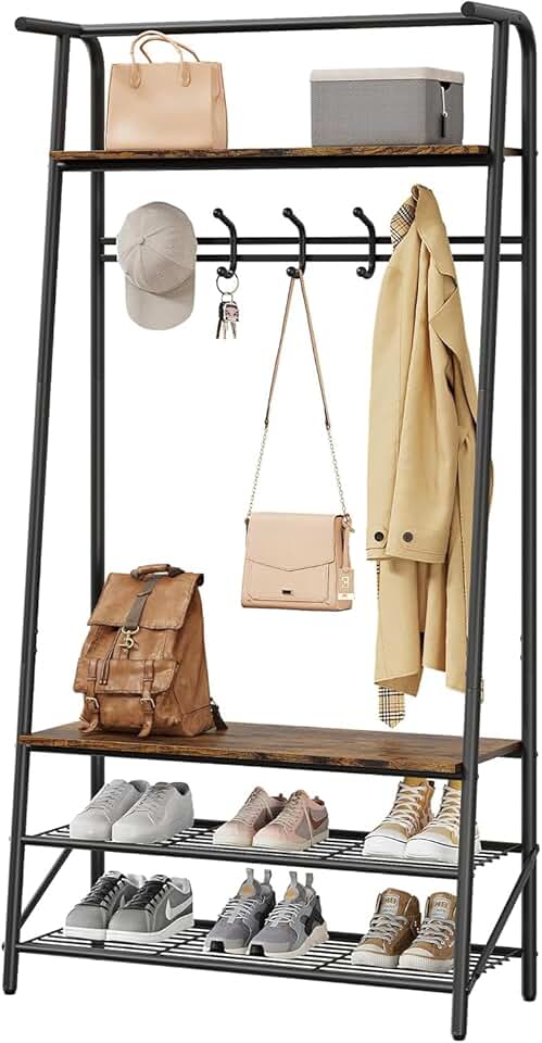 Rustic Brown Coat Rack with Bench and Shoe Storage
