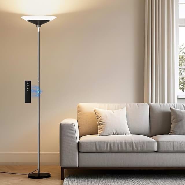 Tall LED Torchiere Floor Lamp with Remote, Dimmable, Black