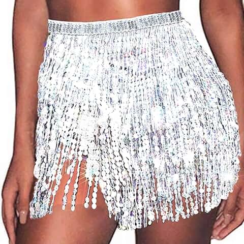 Boho Sequin Belly Skirt with Tassel Fringe for Women