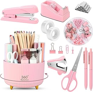 Pink Desk Accessories Set with Pen Holder, Stapler, Tape Dispenser, Clips, and Scissors