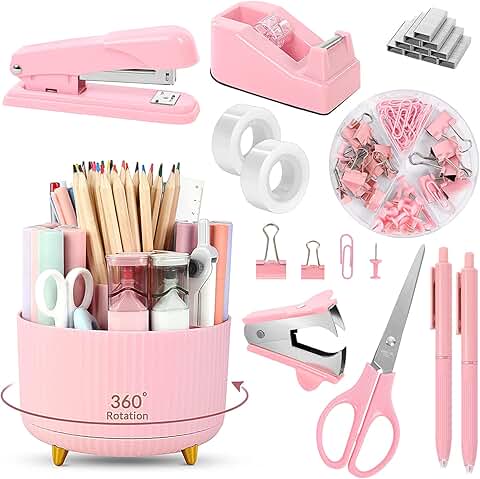 Pink Desk Accessories Set with Pen Holder, Stapler, Tape Dispenser, Clips, and Scissors