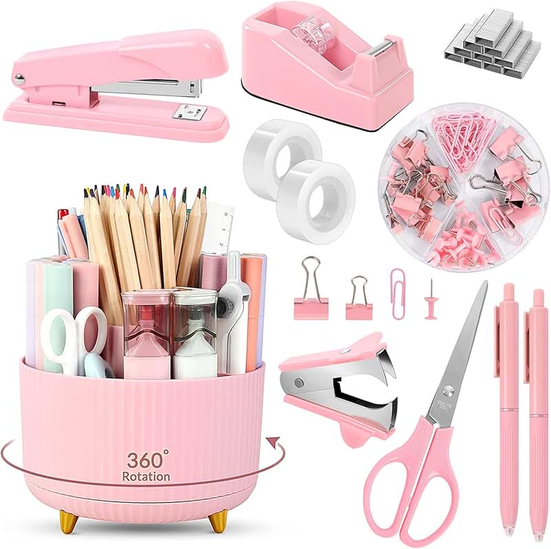 Pink Desk Accessories Set with Pen Holder, Stapler, Tape Dispenser, Clips, and Scissors