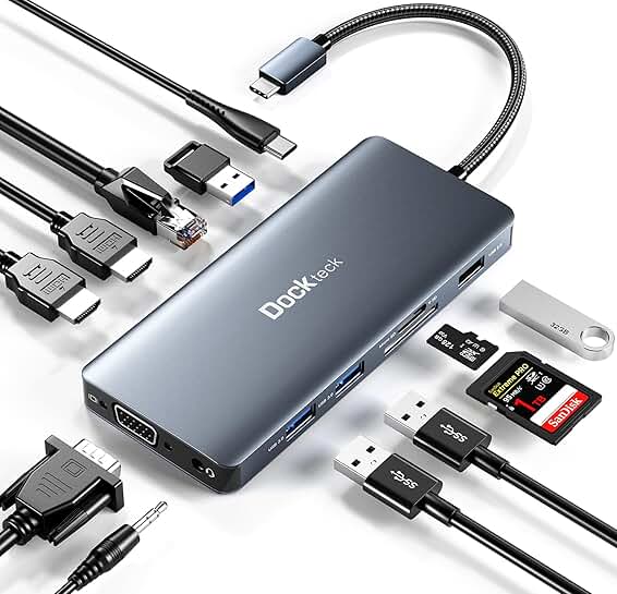 12-in-1 USB C Docking Station with HDMI, VGA, Ethernet, USB-A, SD/TF, Audio, 100W Power