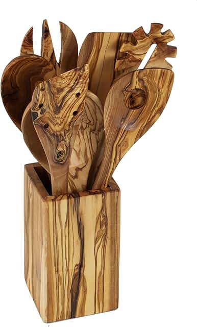 Olive Wood Kitchen Utensils Set with Holder