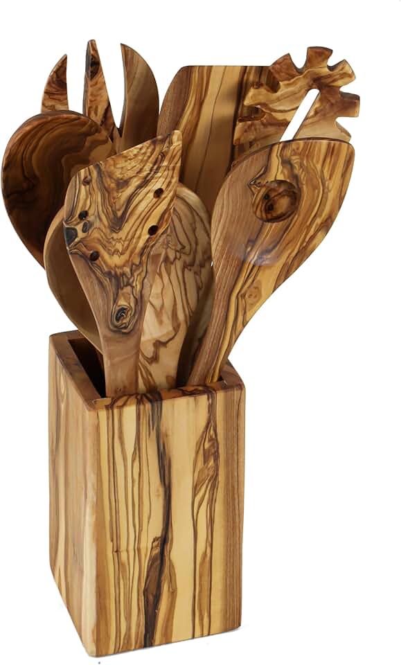 Olive Wood Kitchen Utensils Set with Holder