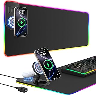 Large RGB Gaming Mouse Pad with Wireless Charging and Foldable Phone Stand