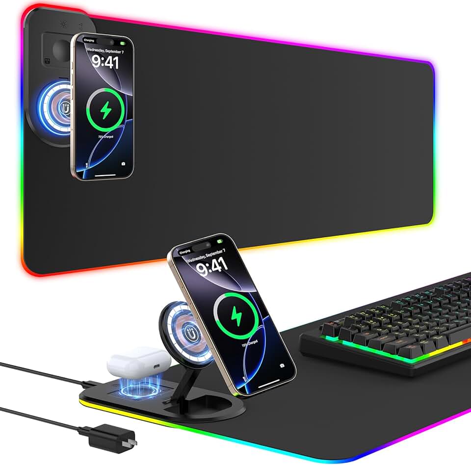 Large RGB Gaming Mouse Pad with Wireless Charging and Foldable Phone Stand