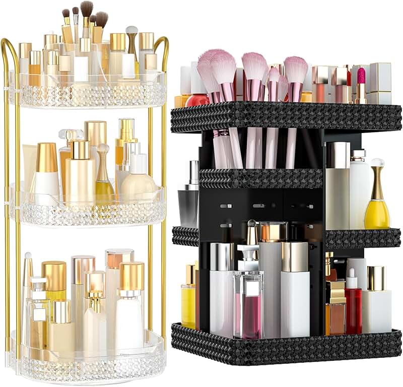 Two-Piece Makeup Organizer with Six Drawers and Rotating Tiers