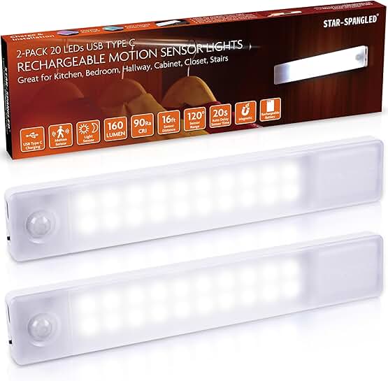 Rechargeable 8-inch Motion Sensor Under Cabinet Lights, 2 Pack