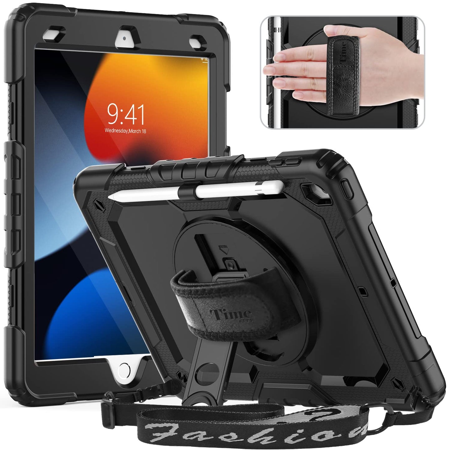 Case for iPad 9th/ 8th/ 7th Generation, Case for iPad 10.2-Inch 2021/ 2020/ 2019 with Screen Protector Pencil Holder Kickstand Hand/ Shoulder Strap. Heavy Duty Protective Tablet Cover - Black
