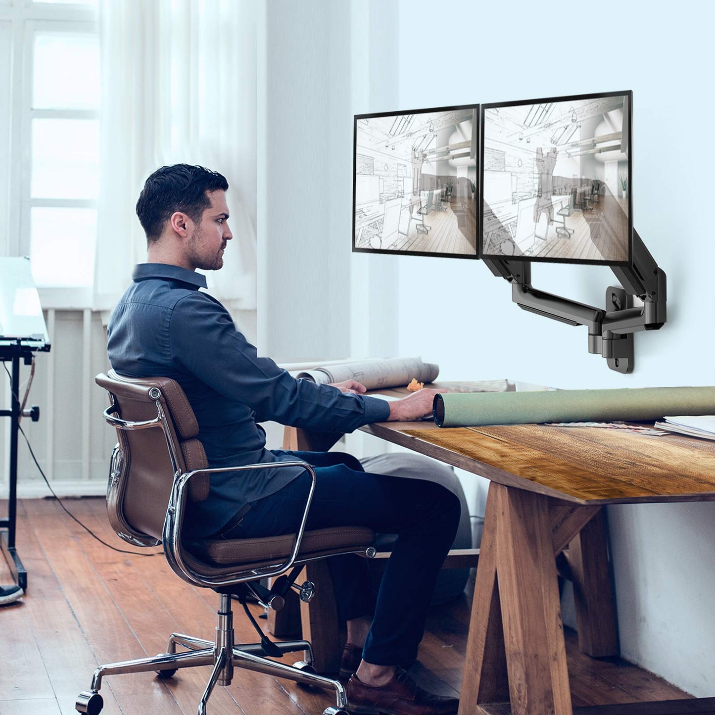 Dual Monitor Wall Mount, Gas Spring Computer Monitor Wall Mount Holds up to 17.6lbs Each Arm,Wall Mount Monitor Arm-with VESA 75x75/100x100 for 17 to 27 Inch Flat/Curved LCD Screen