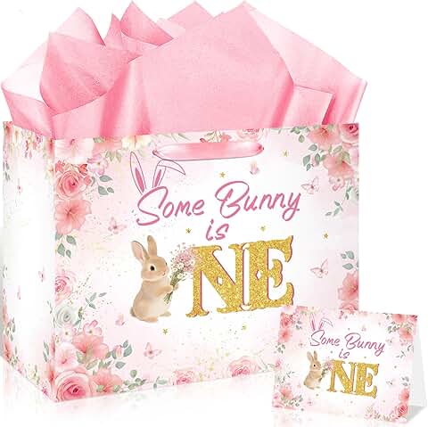 First Birthday Girl Decorations with Bunny Gift Bag