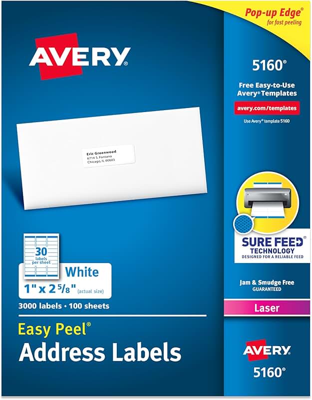Printable White Address Labels, 1" x 2-5/8", 3,000