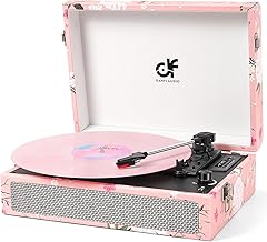 Pink floral vintage portable turntable with built-in speakers