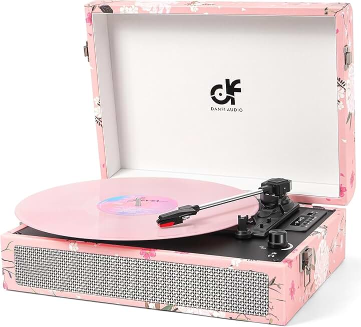 Pink floral vintage portable turntable with built-in speakers