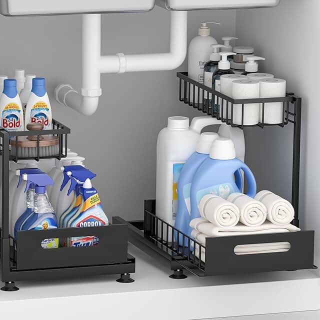 Two-Tier Under Sink Storage Racks, Adjustable Metal Pull-Out