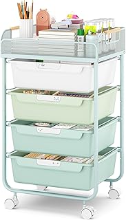 Green rolling storage cart with four drawers and mesh top