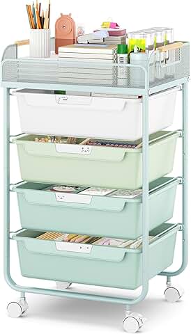 Green rolling storage cart with four drawers and mesh top