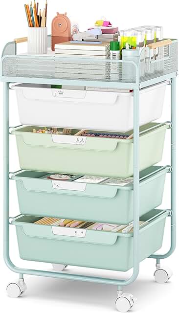 Green rolling storage cart with four drawers and mesh top